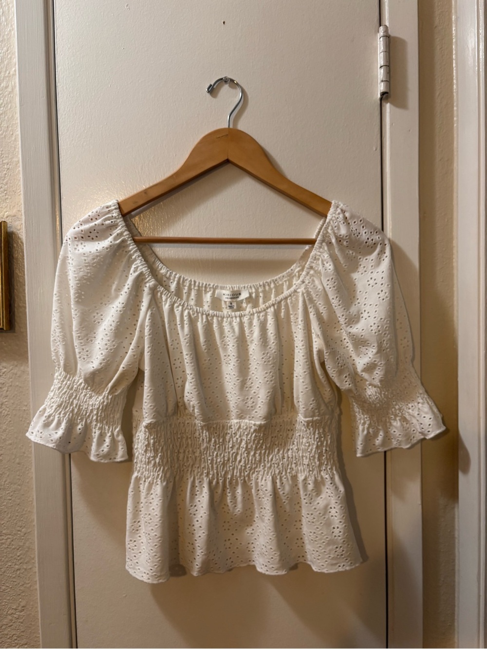 White Eyelet Puff Sleeve Peplum Top by Unknown Brand